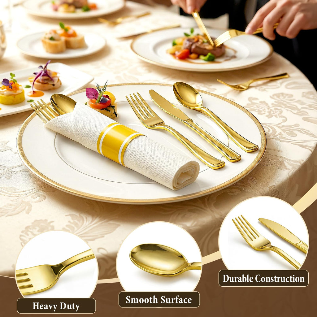 Gold Plastic Silverware 50 Guests Wrapped Cutlery Set Disposable | Pre Rolled Silverware Set Include 50 Forks,50 Knives,50 Spoons and 50 Napkins Heavy Duty Disposable Utensils for Party