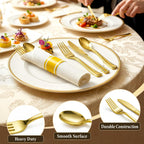 Gold Plastic Silverware 50 Guests Wrapped Cutlery Set Disposable | Pre Rolled Silverware Set Include 50 Forks,50 Knives,50 Spoons and 50 Napkins Heavy Duty Disposable Utensils for Party