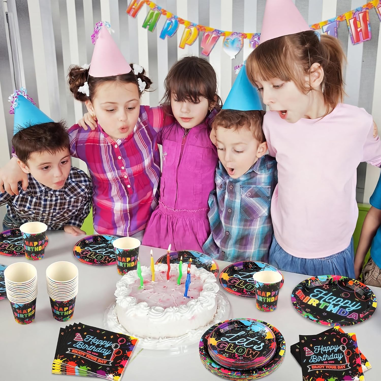 Kochorie 100 Pieces Neon Glow Party Supplies Glow in the Dark Birthday Party Decorations Include Neon Paper Plates Napkins Cups Birthday Tableware, Serves 25 Guests
