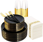 350PCS Black and Gold Plates Set Heavyweight Disposable Dinnerware | Fancy Plastic Dinnerware Sets with White Handle Gold Cutlery Cups Napkins for Wedding Reception & Graduation Party Decor