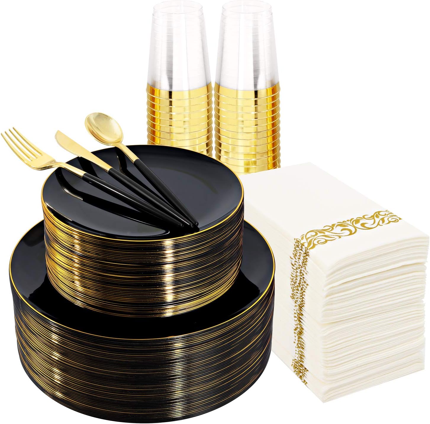 350PCS Black and Gold Plates Set Heavyweight Disposable Dinnerware | Fancy Plastic Dinnerware Sets with White Handle Gold Cutlery Cups Napkins for Wedding Reception & Graduation Party Decor