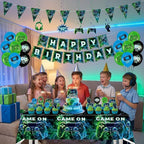 77Pcs Video Game Party Decor: Birthday Balloons, Banner, Tablecloth Kit | Gamer supplies for boys. Includes swirls, insert cards. Vibrant theme. Easy setup for kids celebrations.