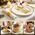 Gold Plastic Silverware 50 Guests Wrapped Cutlery Set Disposable | Pre Rolled Silverware Set Include 50 Forks,50 Knives,50 Spoons and 50 Napkins Heavy Duty Disposable Utensils for Party