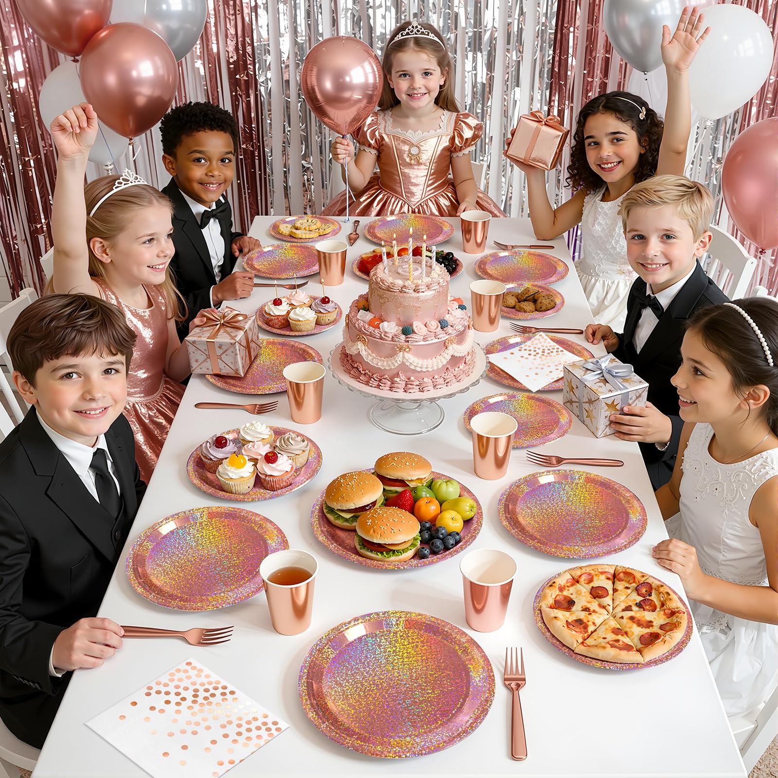 Purple Iridescent Paper Plates & Napkins Set, 75pcs Disposable Party Tableware with 9" Dinner Plates, 7" Dessert Plates & 6.5" Napkins, Holographic Dot Design for Birthday, Music Theme, Night Party