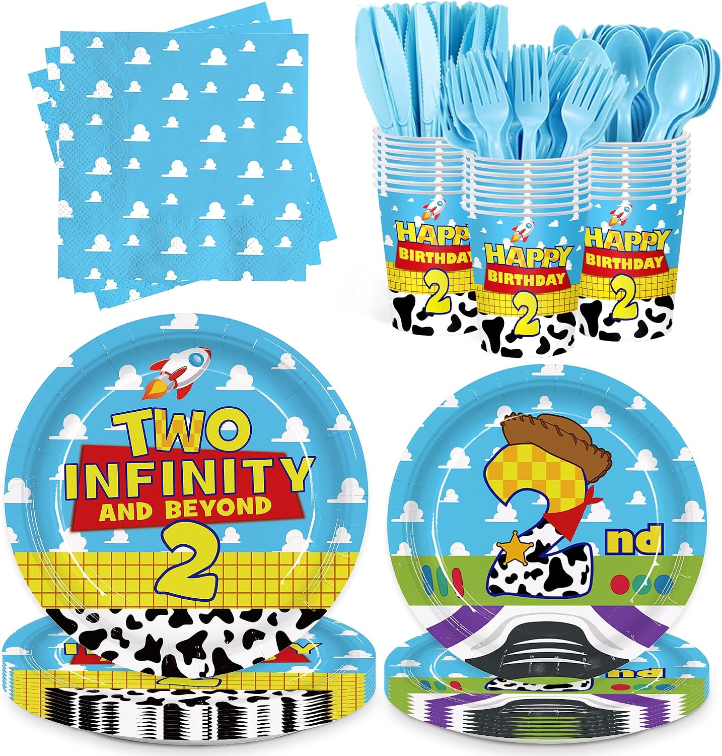 168Pcs 2nd Birthday Paper Plates Napkins Two Years Old Party Supplies | Disposable Tableware Set for Boys Birthday Party Serve 24 Guests
