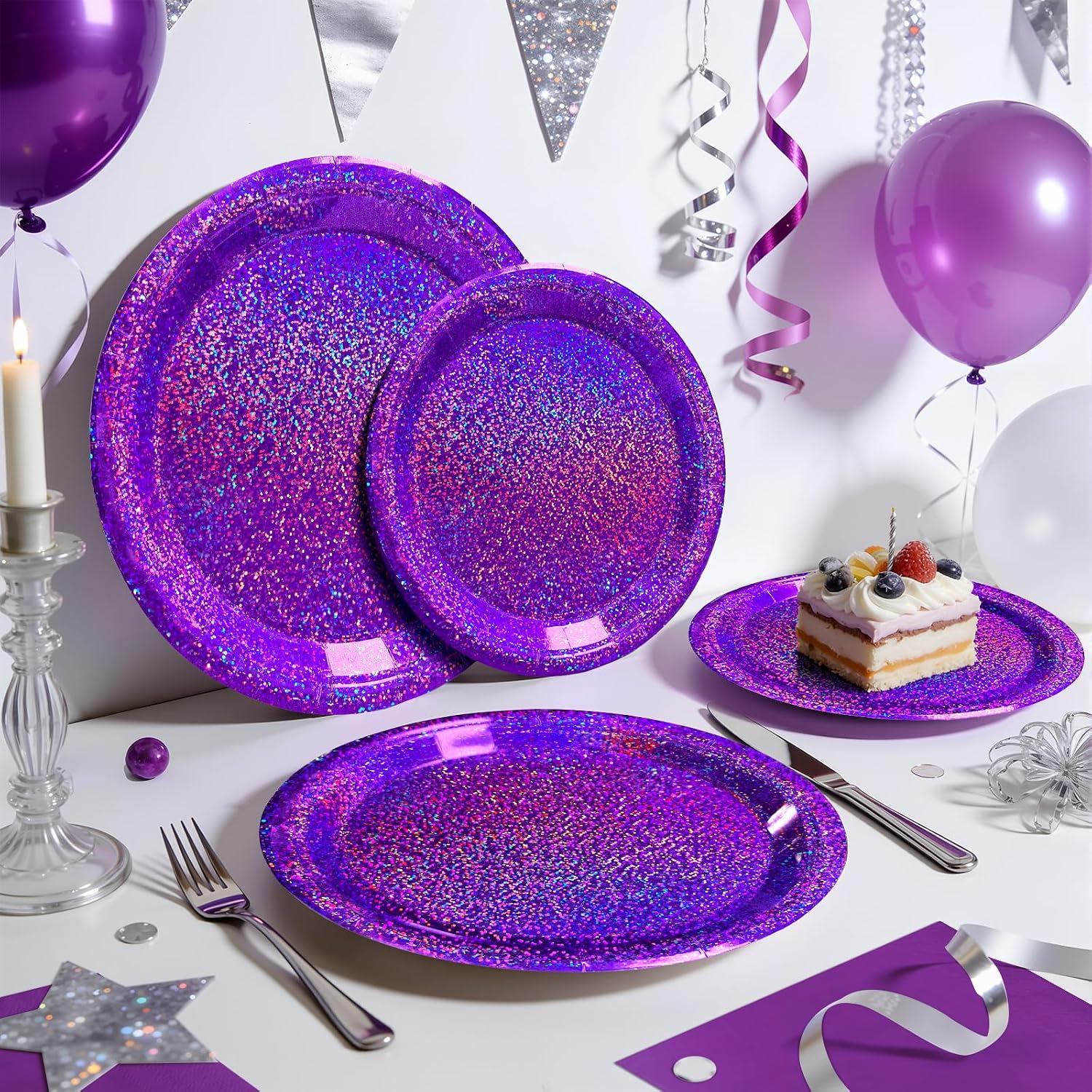 Purple Iridescent Paper Plates & Napkins Set, 75pcs Disposable Party Tableware with 9" Dinner Plates, 7" Dessert Plates & 6.5" Napkins, Holographic Dot Design for Birthday, Music Theme, Night Party
