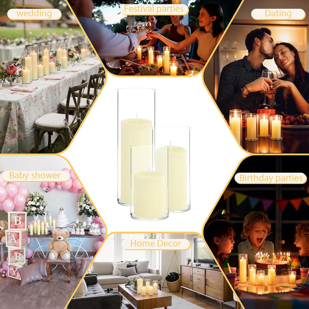 12-Pack Pillar Candles & 12-Pack Glass Cylinder Hurricane Candles Decor Set-Mixed Heights