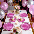 Purple Iridescent Paper Plates & Napkins Set, 75pcs Disposable Party Tableware with 9" Dinner Plates, 7" Dessert Plates & 6.5" Napkins, Holographic Dot Design for Birthday, Music Theme, Night Party