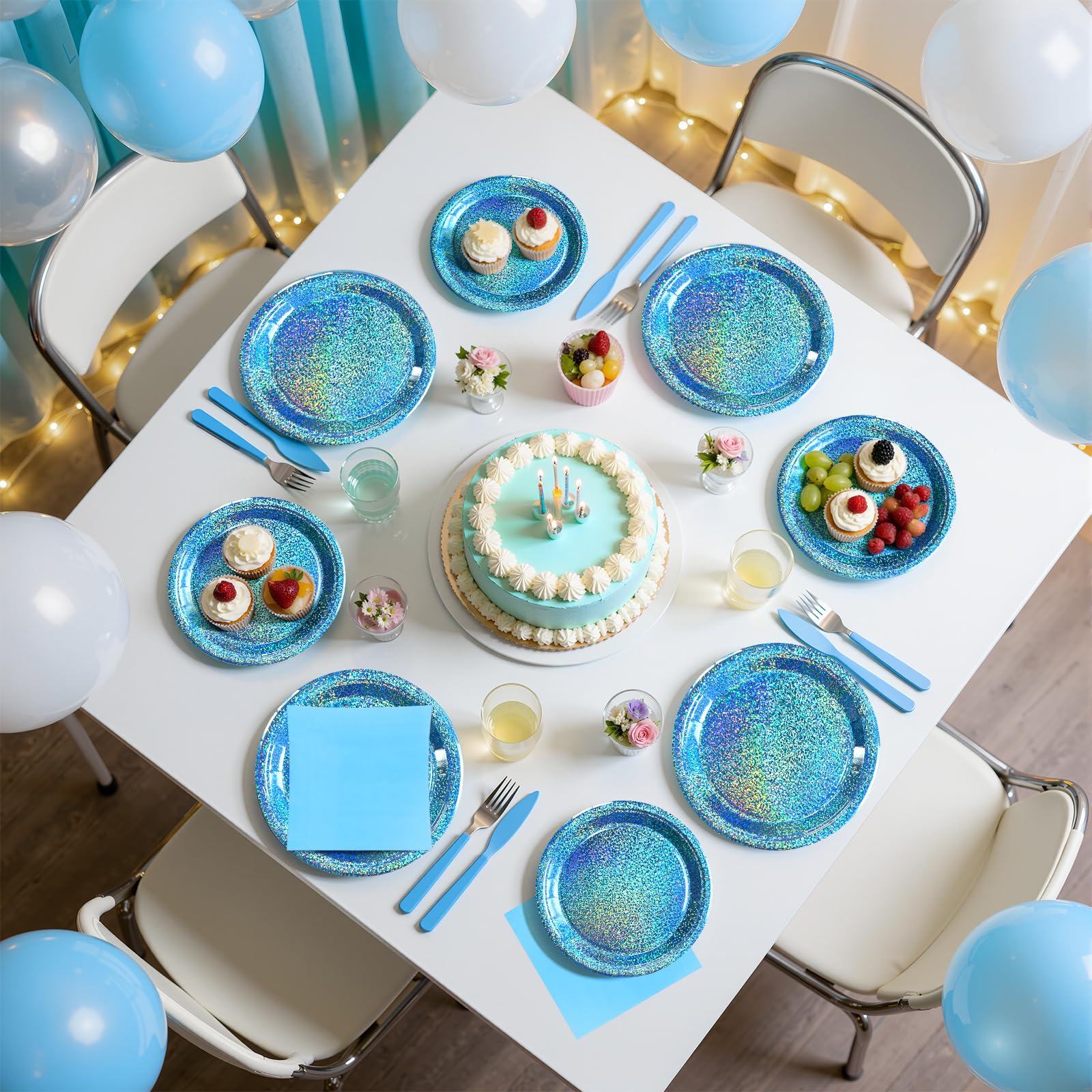 Purple Iridescent Paper Plates & Napkins Set, 75pcs Disposable Party Tableware with 9" Dinner Plates, 7" Dessert Plates & 6.5" Napkins, Holographic Dot Design for Birthday, Music Theme, Night Party