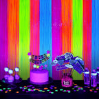 Mega-L Glow in The Dark Party Supplies, Neon Multicolor Backdrop, 2 Pack | Fluorescent Tinsel Foil Fringe Curtains, Neon Backdrop Streamers for Birthday, Halloween, New Year, Graduation Party