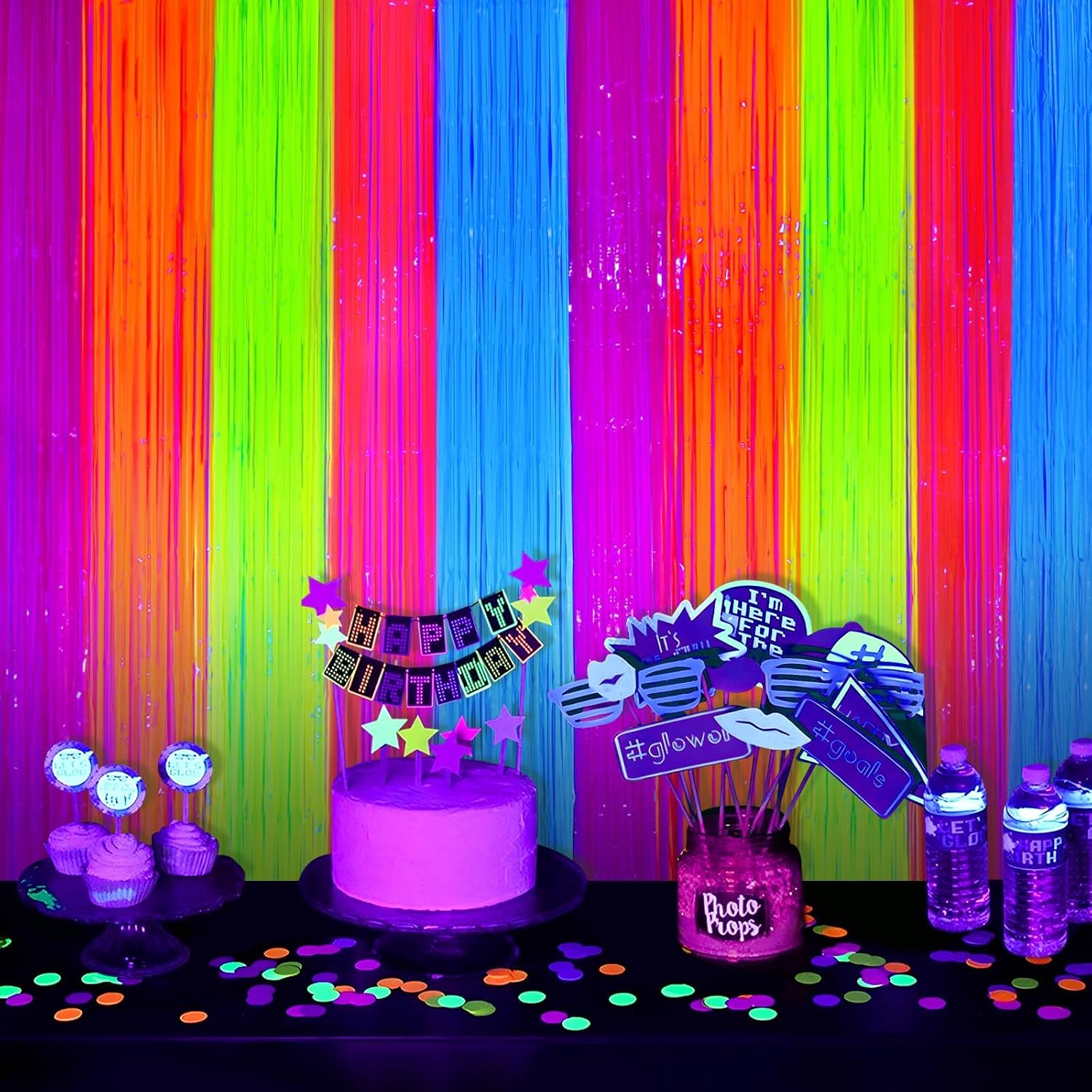 Mega-L Glow in The Dark Party Supplies, Neon Multicolor Backdrop, 2 Pack | Fluorescent Tinsel Foil Fringe Curtains, Neon Backdrop Streamers for Birthday, Halloween, New Year, Graduation Party