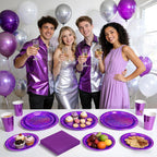 Purple Iridescent Paper Plates & Napkins Set, 75pcs Disposable Party Tableware with 9" Dinner Plates, 7" Dessert Plates & 6.5" Napkins, Holographic Dot Design for Birthday, Music Theme, Night Party
