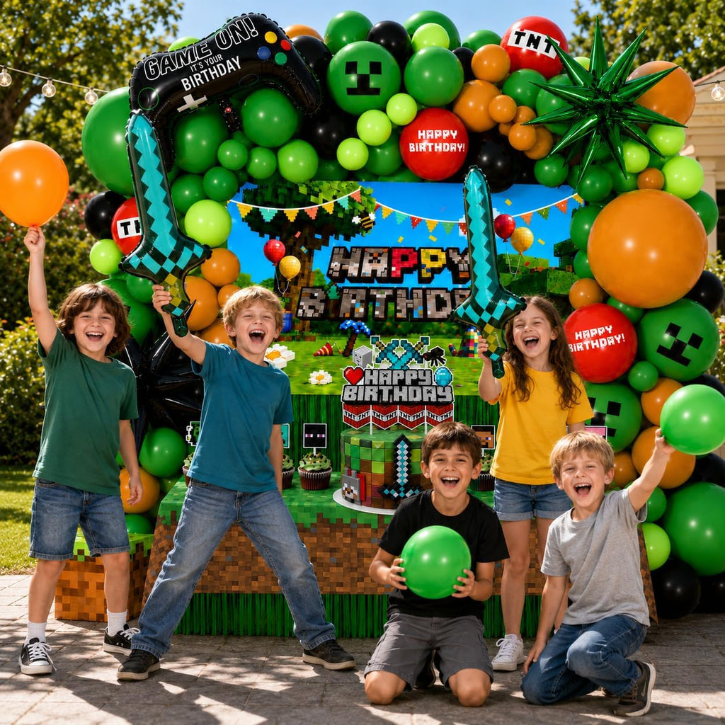 Pixel Game Birthday Party Decorations, “Game On” Pixel Theme Party Supplies Kit for Boys & Girls —131 Pcs Balloons, Backdrop, Curtain, Table Cover, Cake Toppers