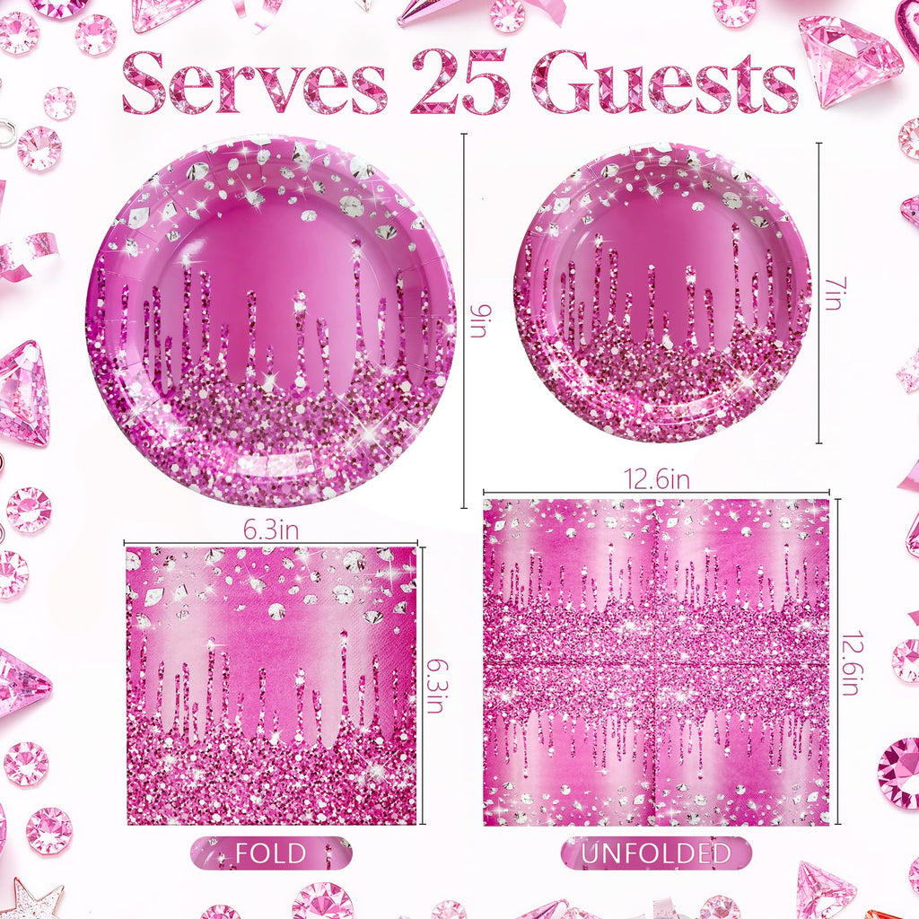 Purple Iridescent Paper Plates & Napkins Set, 75pcs Disposable Party Tableware with 9" Dinner Plates, 7" Dessert Plates & 6.5" Napkins, Holographic Dot Design for Birthday, Music Theme, Night Party