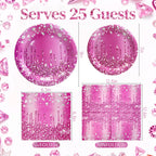 Purple Iridescent Paper Plates & Napkins Set, 75pcs Disposable Party Tableware with 9" Dinner Plates, 7" Dessert Plates & 6.5" Napkins, Holographic Dot Design for Birthday, Music Theme, Night Party