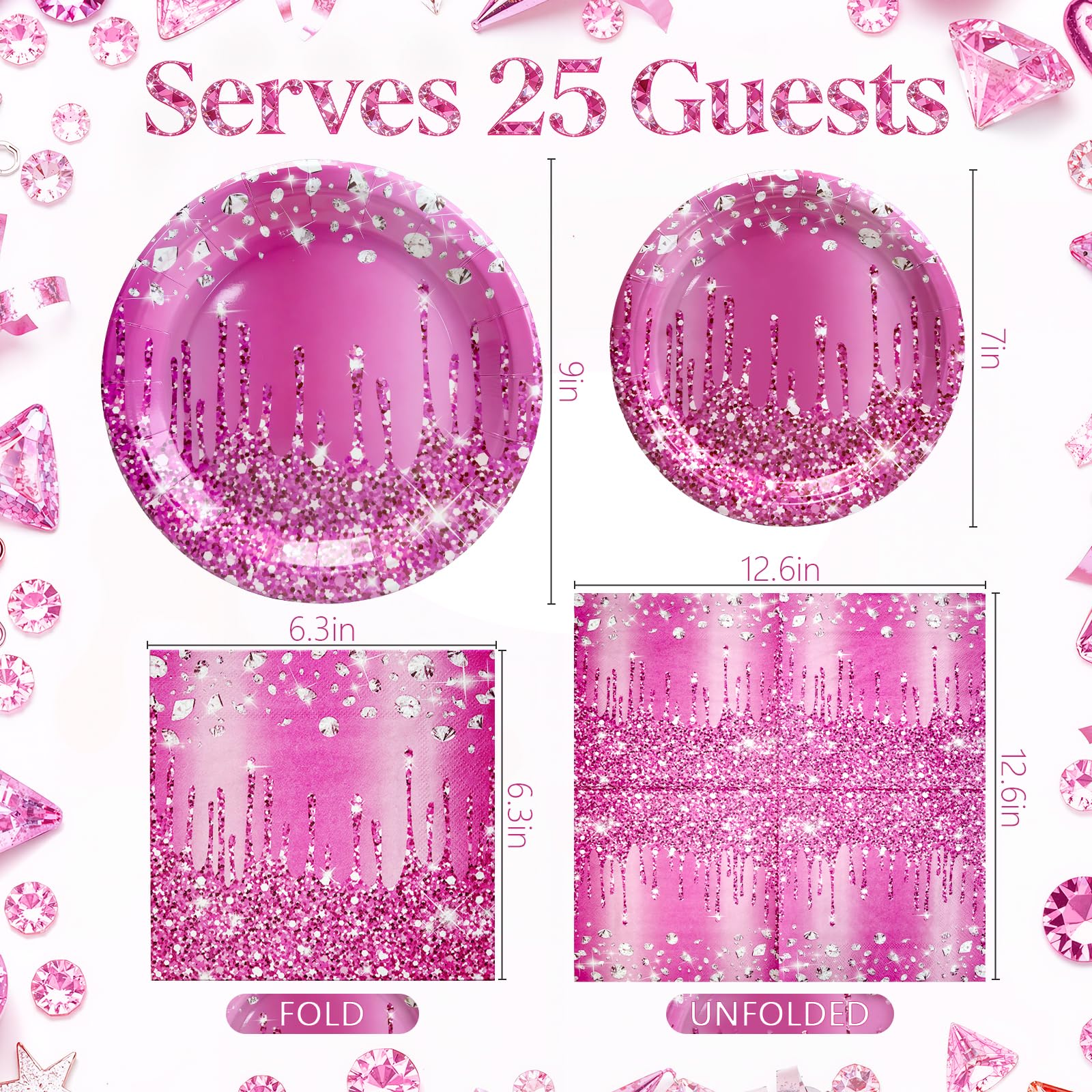 Purple Iridescent Paper Plates & Napkins Set, 75pcs Disposable Party Tableware with 9" Dinner Plates, 7" Dessert Plates & 6.5" Napkins, Holographic Dot Design for Birthday, Music Theme, Night Party