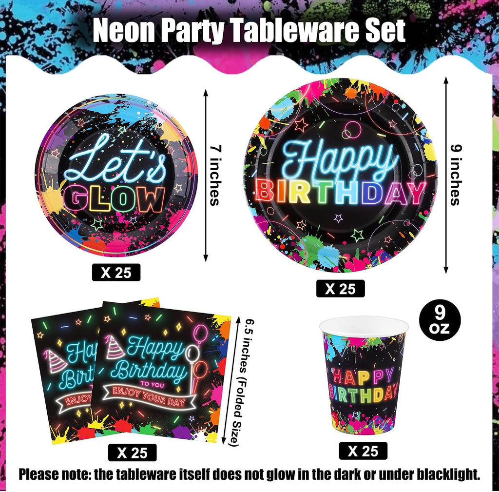 Kochorie 100 Pieces Neon Glow Party Supplies Glow in the Dark Birthday Party Decorations Include Neon Paper Plates Napkins Cups Birthday Tableware, Serves 25 Guests