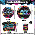 Kochorie 100 Pieces Neon Glow Party Supplies Glow in the Dark Birthday Party Decorations Include Neon Paper Plates Napkins Cups Birthday Tableware, Serves 25 Guests
