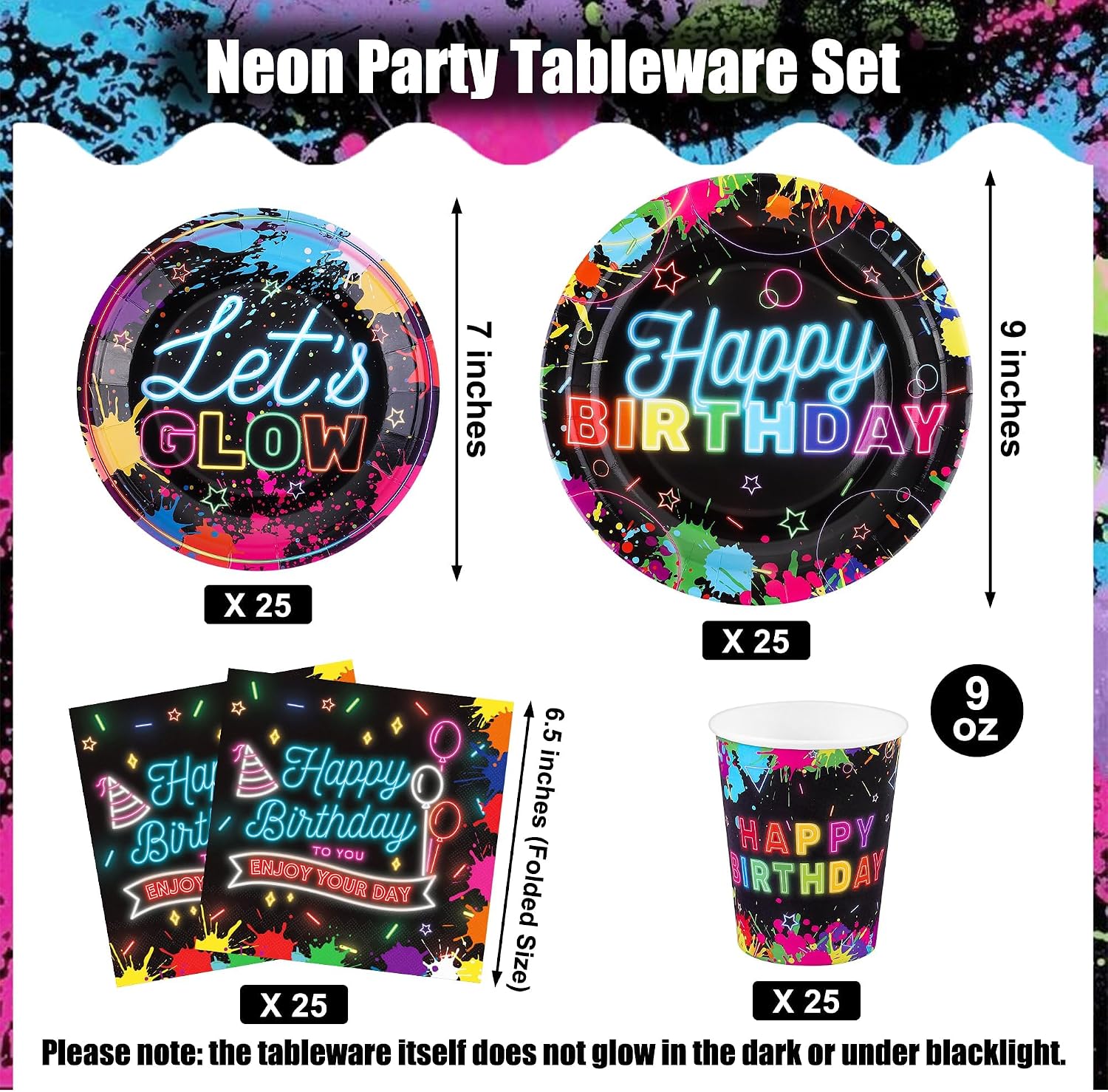 Kochorie 100 Pieces Neon Glow Party Supplies Glow in the Dark Birthday Party Decorations Include Neon Paper Plates Napkins Cups Birthday Tableware, Serves 25 Guests