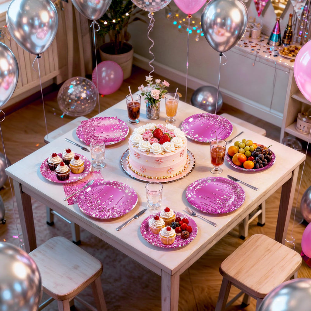 Purple Iridescent Paper Plates & Napkins Set, 75pcs Disposable Party Tableware with 9" Dinner Plates, 7" Dessert Plates & 6.5" Napkins, Holographic Dot Design for Birthday, Music Theme, Night Party