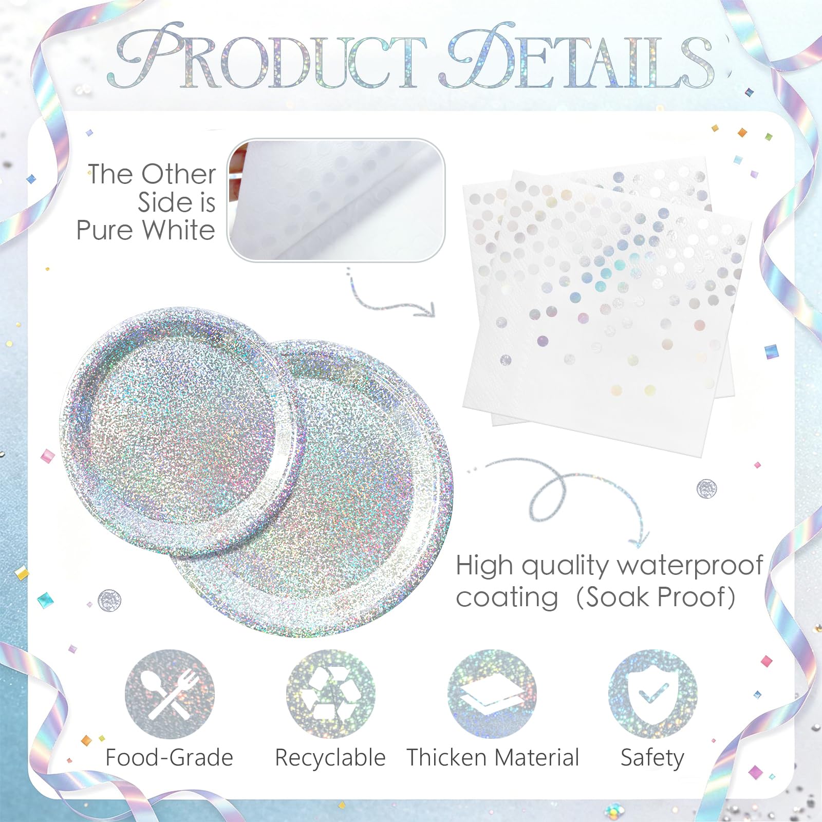 Purple Iridescent Paper Plates & Napkins Set, 75pcs Disposable Party Tableware with 9" Dinner Plates, 7" Dessert Plates & 6.5" Napkins, Holographic Dot Design for Birthday, Music Theme, Night Party