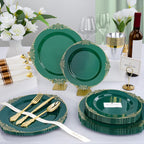 realluck 175 Piece Green and Gold Dinnerware Set for 25 Guests | Disposable Dinnerware Includes: 50 Disposable Plates, 75 Silverwares, 25 Cups, 25 Napkins for Party, Wedding, Graduation