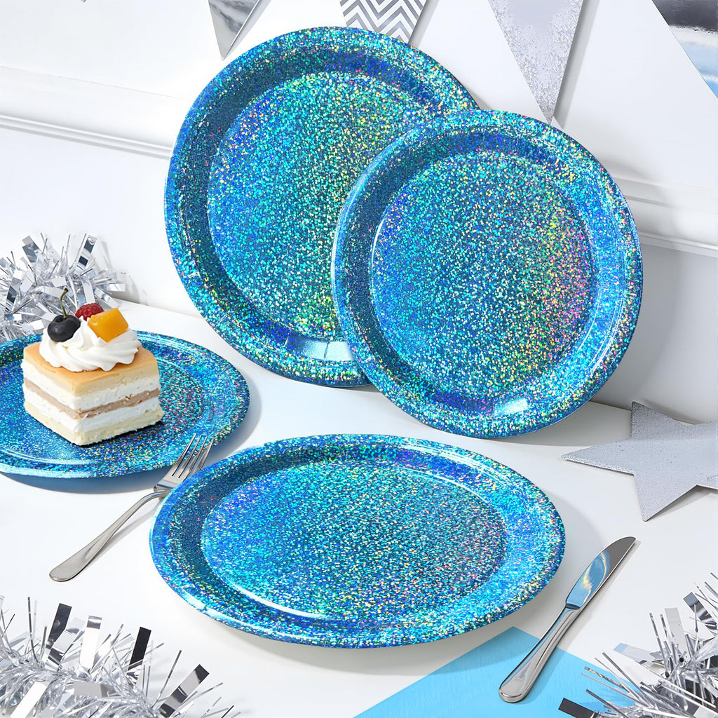 Purple Iridescent Paper Plates & Napkins Set, 75pcs Disposable Party Tableware with 9" Dinner Plates, 7" Dessert Plates & 6.5" Napkins, Holographic Dot Design for Birthday, Music Theme, Night Party