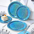 Purple Iridescent Paper Plates & Napkins Set, 75pcs Disposable Party Tableware with 9" Dinner Plates, 7" Dessert Plates & 6.5" Napkins, Holographic Dot Design for Birthday, Music Theme, Night Party