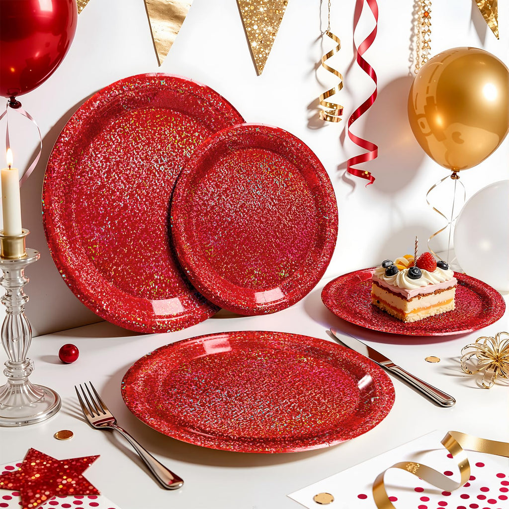Purple Iridescent Paper Plates & Napkins Set, 75pcs Disposable Party Tableware with 9" Dinner Plates, 7" Dessert Plates & 6.5" Napkins, Holographic Dot Design for Birthday, Music Theme, Night Party