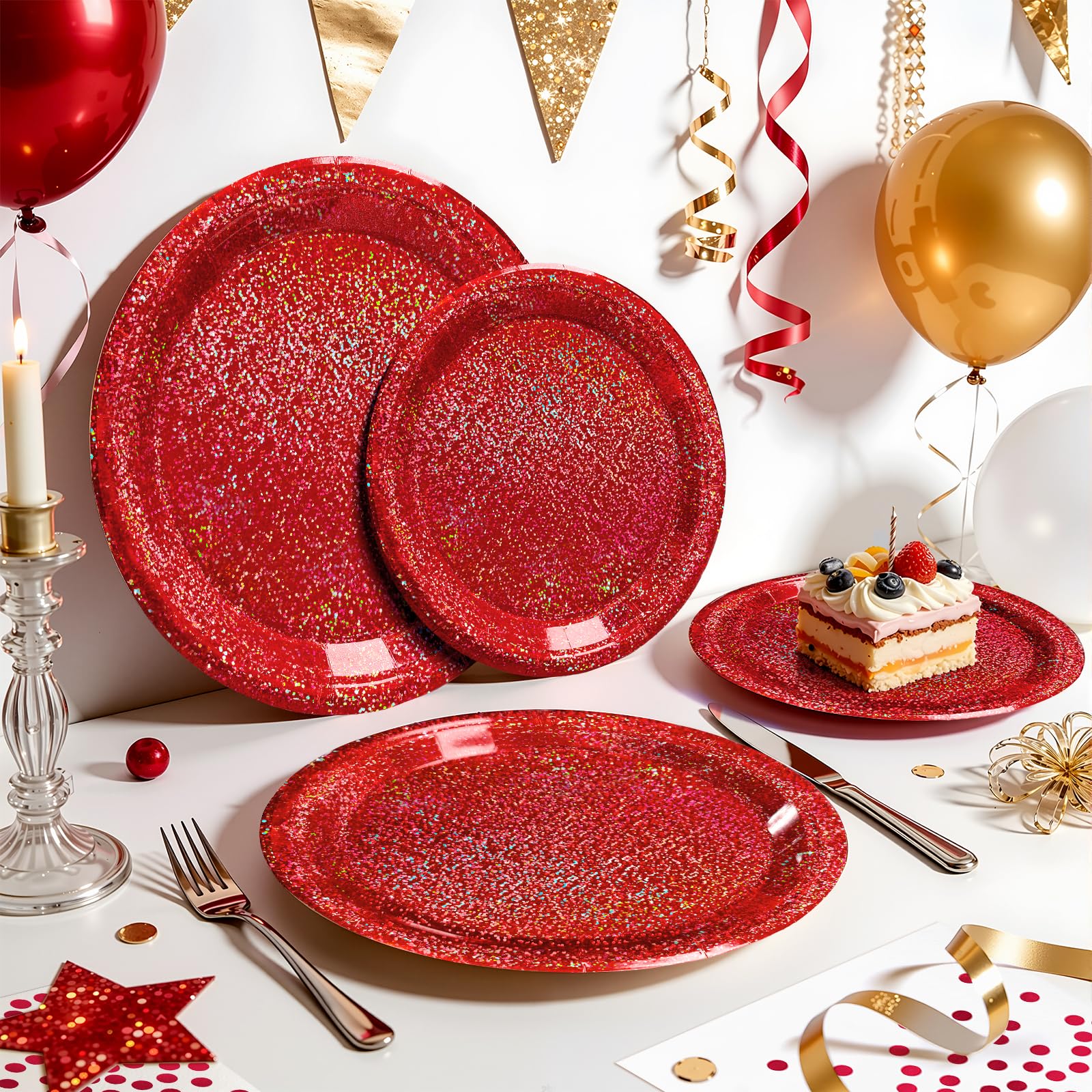 Purple Iridescent Paper Plates & Napkins Set, 75pcs Disposable Party Tableware with 9" Dinner Plates, 7" Dessert Plates & 6.5" Napkins, Holographic Dot Design for Birthday, Music Theme, Night Party