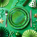 Purple Iridescent Paper Plates & Napkins Set, 75pcs Disposable Party Tableware with 9" Dinner Plates, 7" Dessert Plates & 6.5" Napkins, Holographic Dot Design for Birthday, Music Theme, Night Party