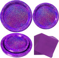 Purple Iridescent Paper Plates & Napkins Set, 75pcs Disposable Party Tableware with 9" Dinner Plates, 7" Dessert Plates & 6.5" Napkins, Holographic Dot Design for Birthday, Music Theme, Night Party