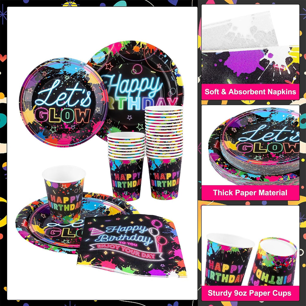 Kochorie 100 Pieces Neon Glow Party Supplies Glow in the Dark Birthday Party Decorations Include Neon Paper Plates Napkins Cups Birthday Tableware, Serves 25 Guests