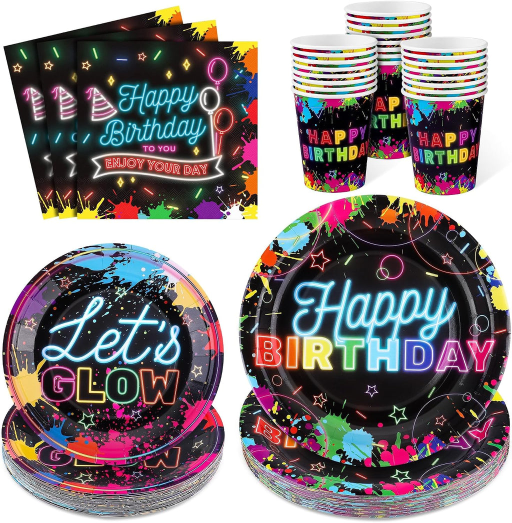 Kochorie 100 Pieces Neon Glow Party Supplies Glow in the Dark Birthday Party Decorations Include Neon Paper Plates Napkins Cups Birthday Tableware, Serves 25 Guests