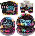 Kochorie 100 Pieces Neon Glow Party Supplies Glow in the Dark Birthday Party Decorations Include Neon Paper Plates Napkins Cups Birthday Tableware, Serves 25 Guests