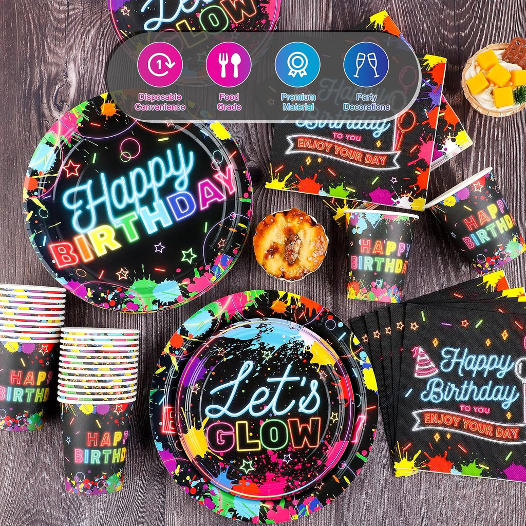 Kochorie 100 Pieces Neon Glow Party Supplies Glow in the Dark Birthday Party Decorations Include Neon Paper Plates Napkins Cups Birthday Tableware, Serves 25 Guests