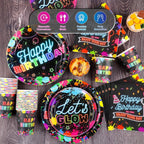 Kochorie 100 Pieces Neon Glow Party Supplies Glow in the Dark Birthday Party Decorations Include Neon Paper Plates Napkins Cups Birthday Tableware, Serves 25 Guests