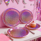 Purple Iridescent Paper Plates & Napkins Set, 75pcs Disposable Party Tableware with 9" Dinner Plates, 7" Dessert Plates & 6.5" Napkins, Holographic Dot Design for Birthday, Music Theme, Night Party