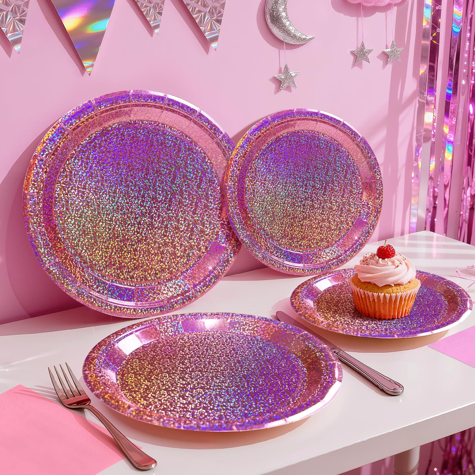Purple Iridescent Paper Plates & Napkins Set, 75pcs Disposable Party Tableware with 9" Dinner Plates, 7" Dessert Plates & 6.5" Napkins, Holographic Dot Design for Birthday, Music Theme, Night Party