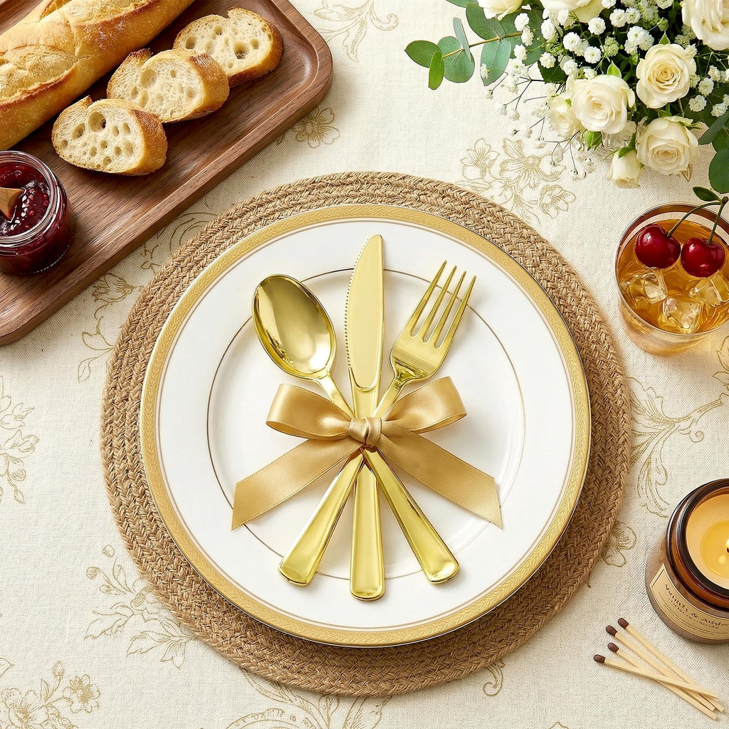 Gold Plastic Silverware 50 Guests Wrapped Cutlery Set Disposable | Pre Rolled Silverware Set Include 50 Forks,50 Knives,50 Spoons and 50 Napkins Heavy Duty Disposable Utensils for Party