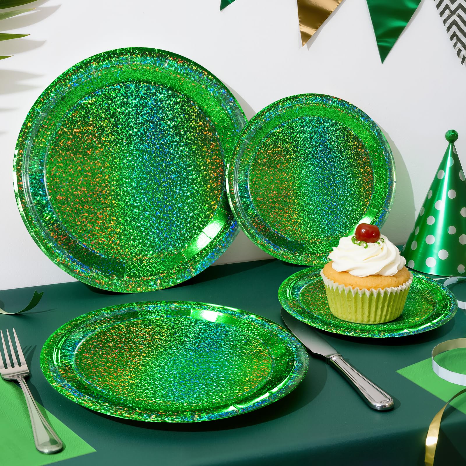 Purple Iridescent Paper Plates & Napkins Set, 75pcs Disposable Party Tableware with 9" Dinner Plates, 7" Dessert Plates & 6.5" Napkins, Holographic Dot Design for Birthday, Music Theme, Night Party